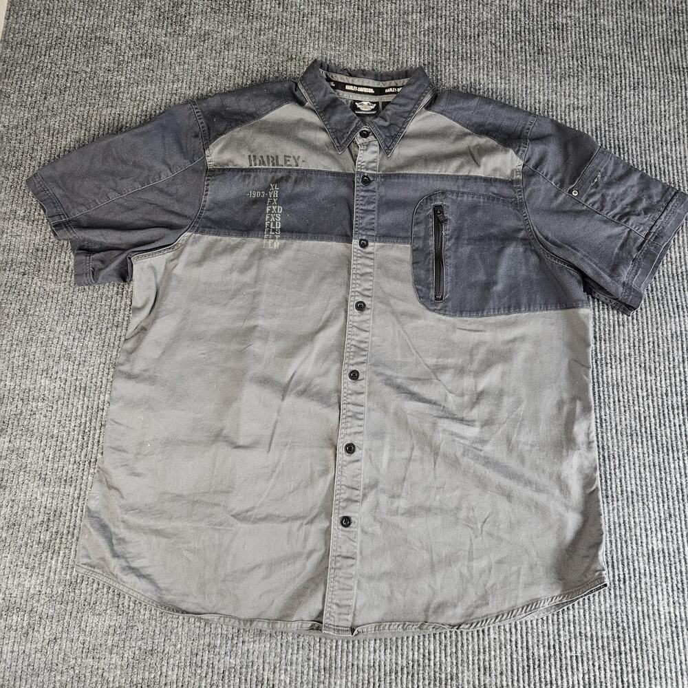 Harley-Davidson Shirt‎ Mens 2XL Gray Short Sleeve Back Graphic Zip Chest Pocket
